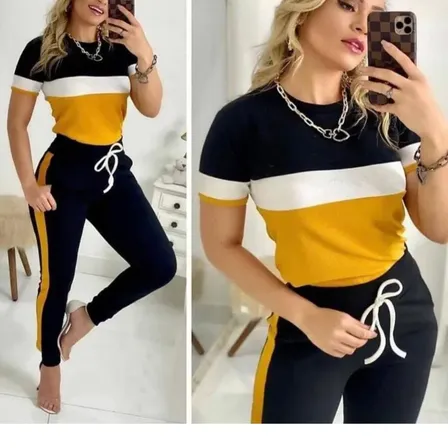Conjunto Feminino Calça E Blusa Manga Curta Plus Malha Crepe