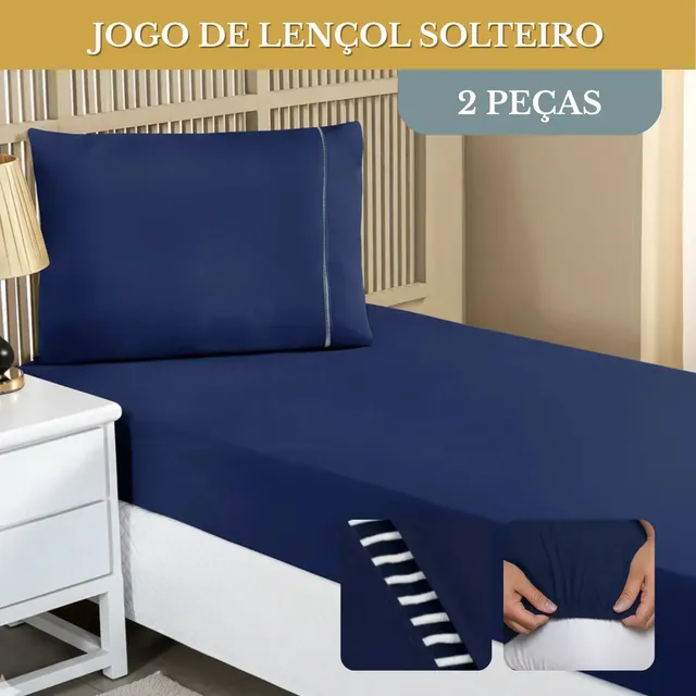 Jogo De Lençol Cama Solteiro 02 Peças 400 Fios Ponto Palito Cor Azul-marinho Desenho Do Tecido Lisa