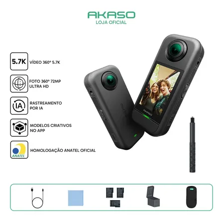 Akaso 360 Câmera De Ação 5.7k@30fps 72mp, Câmera Esportiva Gravação 4k@60fps, Tela Touch 2.29 , Wi-fi 5g+bluetooth, Usb-c, Resistente A Impactos, Bateria Longa Duração - Combo Creator