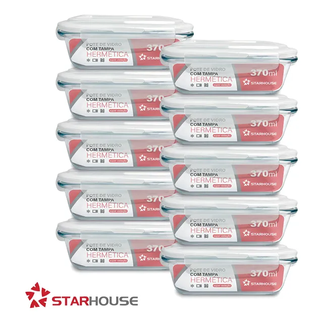 Kit 10 Marmitas Vidro Hermético Vidro Tampa Trava 370ml Star House