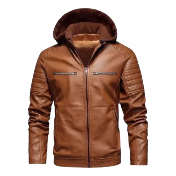 Jaqueta De Couro Com Capuz Casaco Forrado Moto Peluciada