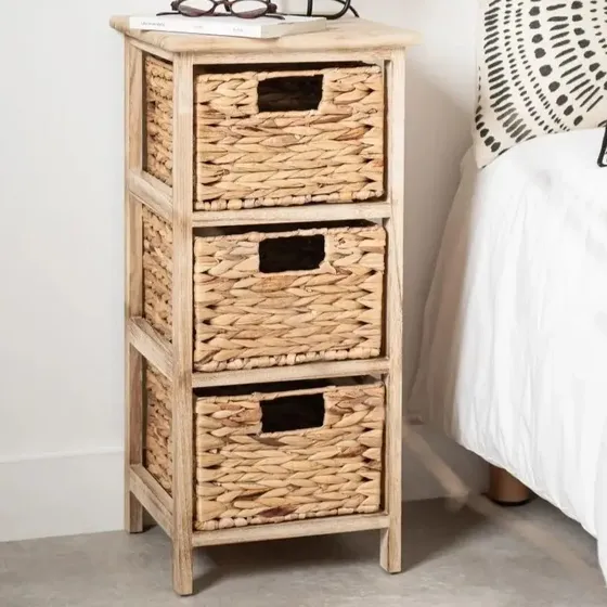 Cajonera Mesa De Luz Madera Con 3 Canastos Seagrass Lcm Color Beige | Cuotas sin interés