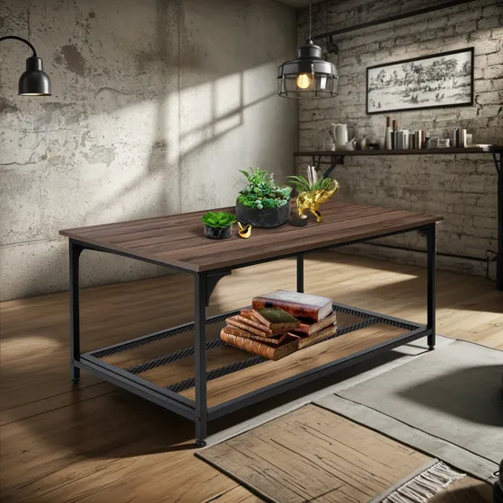 Mesa Centro Sala Minimalista Industrial Acero 100x60x47cm Color Marrón