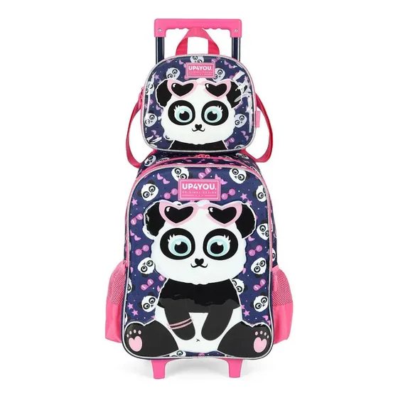 Mochila Rodinha Lancheira Luxcel Up4You Panda Escolar Azul/Rosa