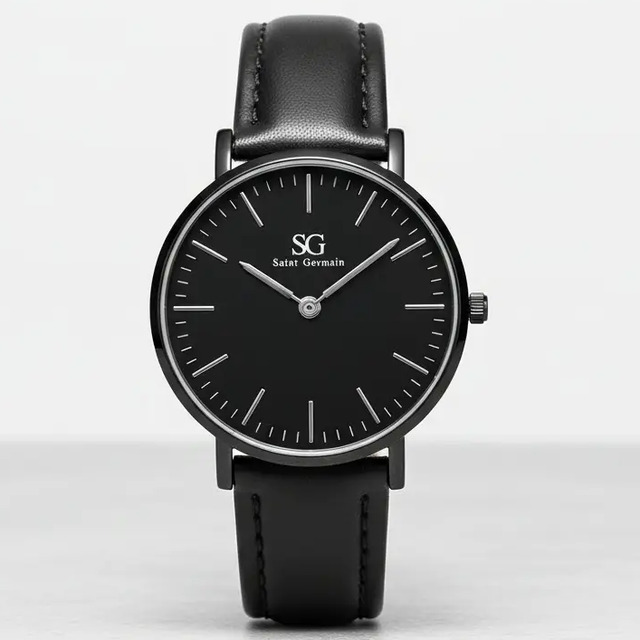 Relógio masculino Saint Germain Murray Full Black com mostrador preto, ponteiros prateados e pulseira de couro sintético preta em fundo cinza claro