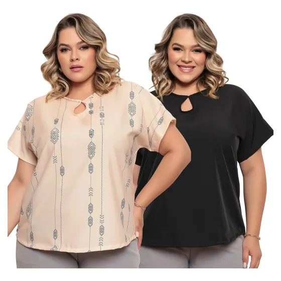 2 Blusas Femininas Social Decote Gota Manga Curta Plus Size