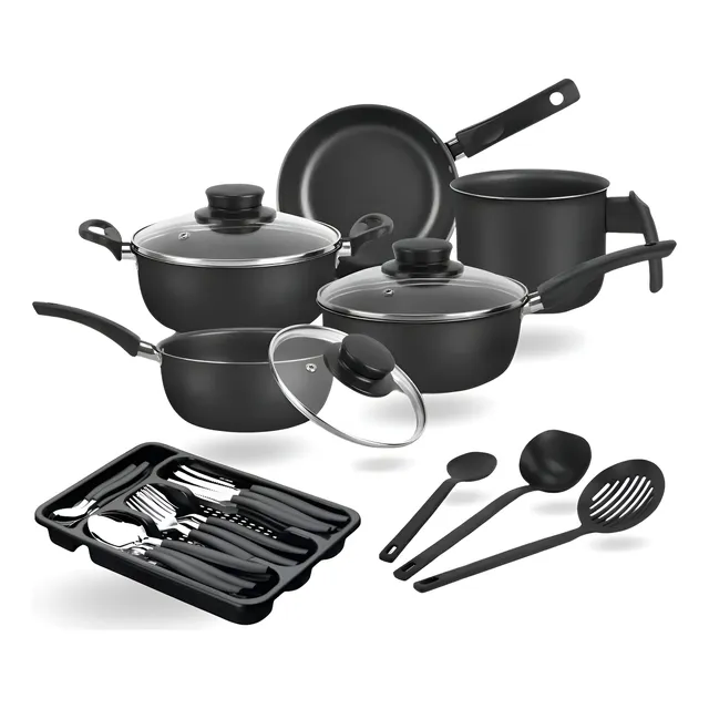 Jogo Panelas Antiaderente Dona Chefa Elegan Talheres 33 Peças Tampa Vidro Cor Preto