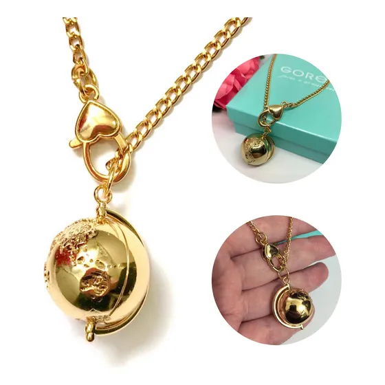 Colar Pingente Globo Terrestre Dourado