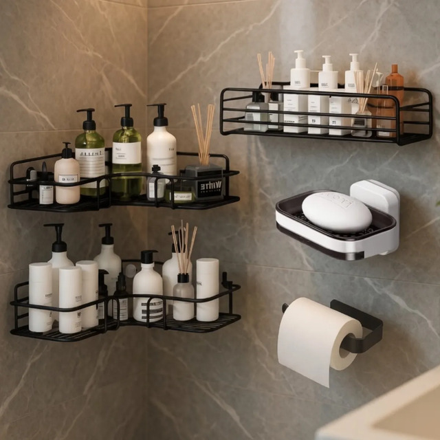 Kit 5 Suportes Para Banheiro Sem Furo Prateleira Autoadesiva Preto Kit 5 Suportes Para Banheiro Sem Furo Prateleira Autoadesiva Preto