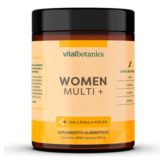 Multivitamínico Para Mujer Women Multi + Con 200 Capsulas A Base De Colágeno Hidrolizado, Ácido Fólico, Biotina, Complejo B, Calcio, Hierro, Maca, Magnesio, Vitamina D (400 Iu) Y Zinc | Vitalbotanics