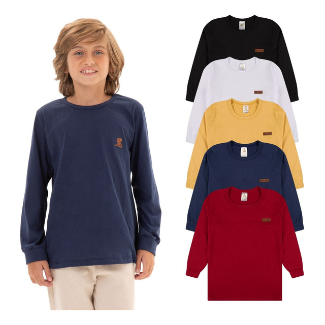 Kit 5 Camiseta Manga Longa Infantil Menino 100% Algodão Kit 5 Camiseta Manga Longa Infantil Menino 100% Algodão
