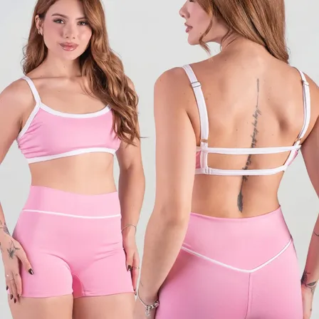 Conjunto Fitness Feminino Top Shorts Forrado Alça Ajustável Rosa Liso M-veste Do 38 Ao 40