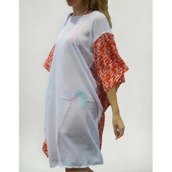 Vestido Túnica Corto Blanco Y Naranja