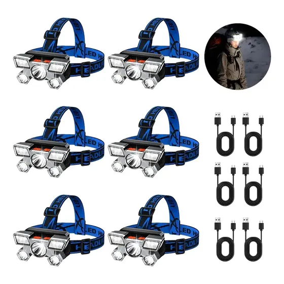 Banna Azul 6pcs Lámpara Cabezas Recargable Usb 5 Led Lampara Minera 6pcs Lámpara Cabezas Recargable Usb 5 Led Lampara Minera Impermeable Adecuado Para Ciclismo Nocturno, Mantenimiento De Equipos, Esc
