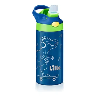 Copo Garrafa Térmica Inox Parede Dupla c/Canudo 350ml Lillo - Azul Dinossauro