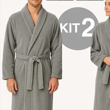 Kit 2 Roupão Feminino Masculino Adulto Microfibra Quentinho Cinza Lisa G