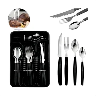 Kit Talheres 24 Pecas Porta Talher Luxo Premium Cor Preto Kit Talheres 24 Pecas Porta Talher Luxo Premium Cor Preto