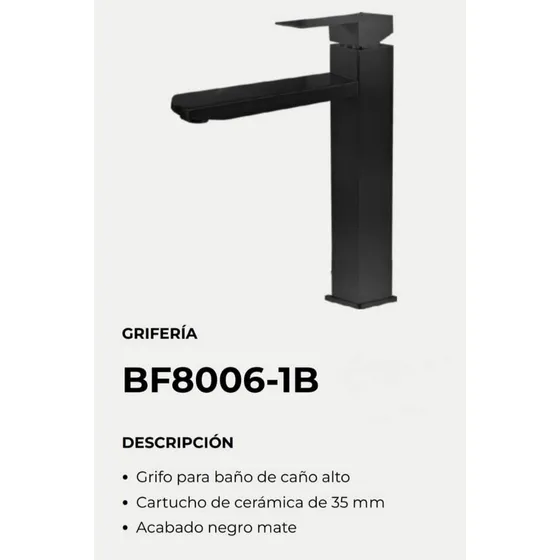 Vitt Griferia Lavamanos Negra Mate Cuadrada Alta