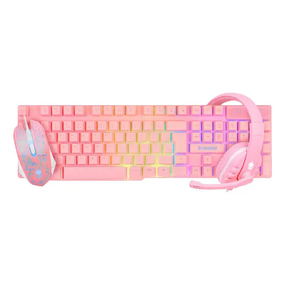 Kit Rosa Teclado Abnt2 Mouse Óptico Fone De Ouvido Starter