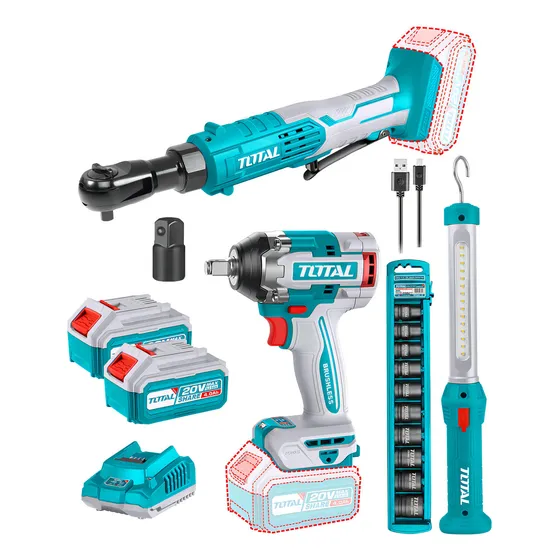 Kit Inalámbrico Total 20v Llave Impacto 1/2'' Motor sin Carbones 500NM Llave Crique 3/8'' 65NM Linterna con 2 Baterías 4.0Ah Litio-Ion Cargador y Dados de Impacto TOSLI240461