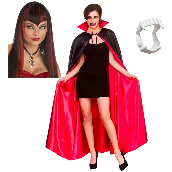 Vampireza Peluca Capa Y Dientes Cotillon Disfraz Halloween