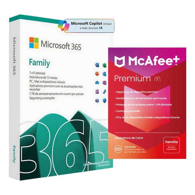 Microsoft 365 + Mcafee Premium Família 2024 Licenças Fisicas