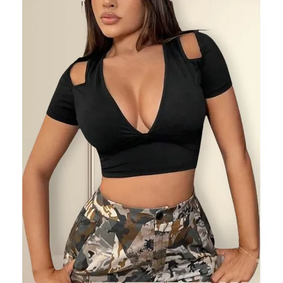 Blusa Crop Top Cuello V Escotado Aberturas En Hombros