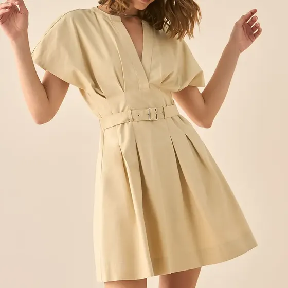 Vestido Corto Con Tablas Para Mujer Beige Mimb | Cuotas sin interés