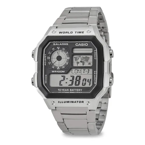 Relógio Casio AE-1200WHD-1 Masculino Word Time Prata Quadrado Cor da correia Prateado