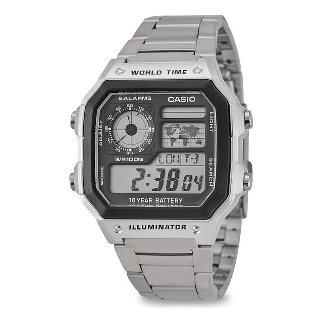 Relógio Casio Ae-1200whd-1 Masculino Word Time Prata Quadrado Cor Da Correia Prateado Relógio Casio Ae-1200whd-1 Masculino Word Time Prata Quadrado Cor Da Correia Prateado