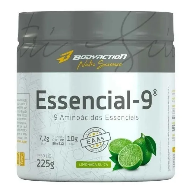 Suplemento en polvo Bodyaction Nutriscience Essential de 9 aminoácidos con sabor a limonada suiza en un tarro de 225 ml