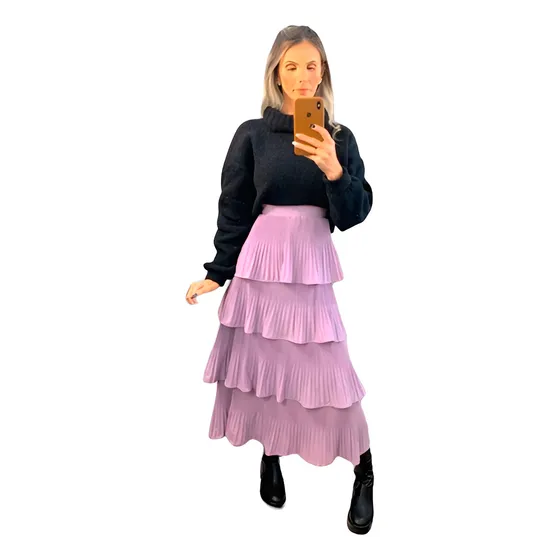 Saia Midi Plissada Babados 4 Camadas Strass Look Moderno