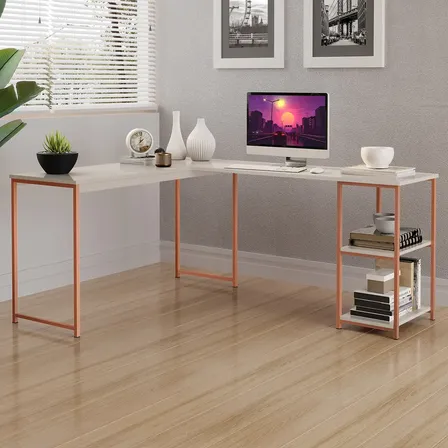 Mesa Escrivaninha Estilo Industrial Em L Com Prateleiras - Klm Store - Bronze/off White