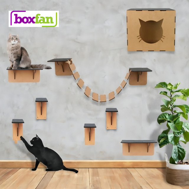 Playground De Gato Box Fan Mdf Brinquedo Suspenso 8 Peças Circuito Marrom