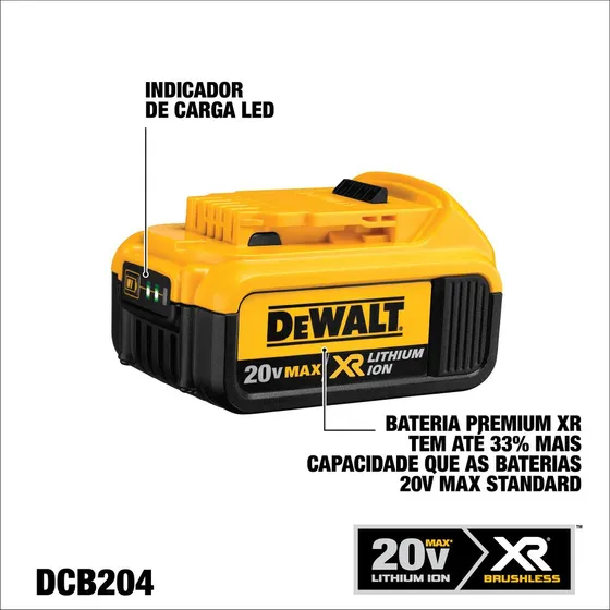 Bateria de Íon de Lítio LI-Íon 4Ah 20V MAX XR Dewalt Modelo DCB204
