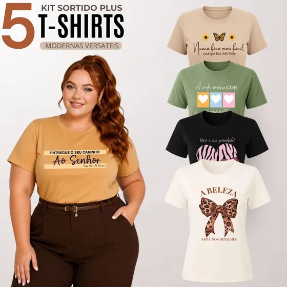 Kit 5 Blusas Femininas Plus Size Manga Curta Gola Redonda