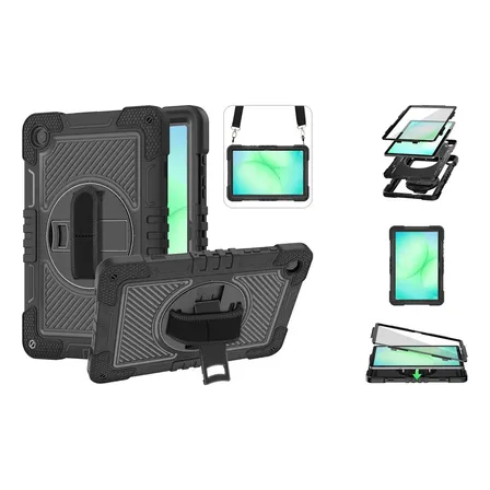 Mica + Funda Compatible Con Galaxy Tab A11 Plus 2025 / A9 Plus 11 , Soporte Lápiz S Pen Stand + Correa De Hombro Protector Uso Rudo Reforzada (negro)