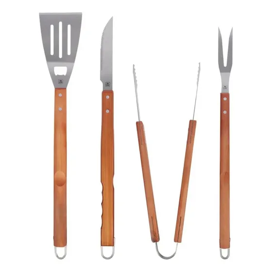 Kit Churrasco Barbecue Em Aço Inox Com Cabo De Madeira 4pçs