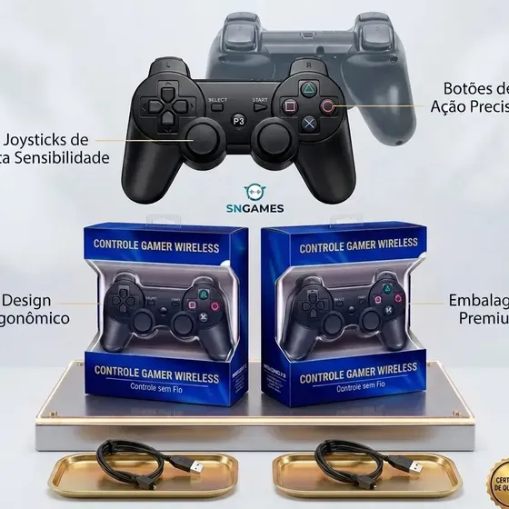 Kit 2 Controles para Ps3 Bluetooth Sem Fio Wireless Compatível PS3 PC Recarregavel Joystick Gamepad Preto Sngames
