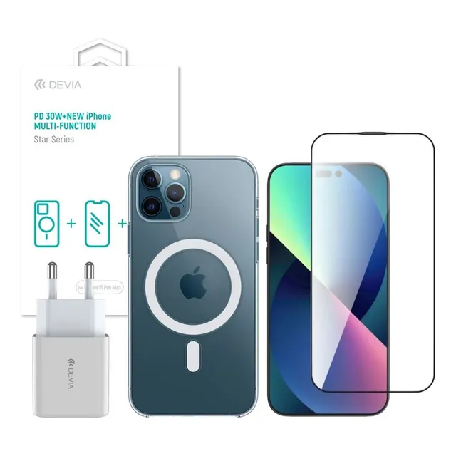 Pack Funda Case + Cargador 30w + Vidrio P/ iPhone 15 - Cover