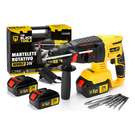 Martelete Rotativo Rompedor Furadeira De Impacto Brushless 2 Baterias 21v Com Acessórios Tch21b-2b The Black Tools Amarelo E Preto 127/220v 50/60hz