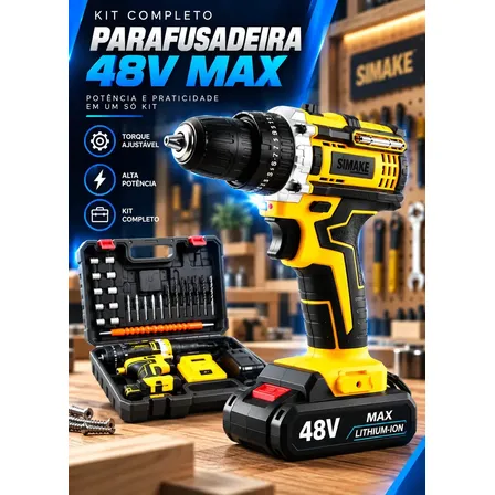 Parafusadeira Furadeira C/ 2 Baterias Maleta Kit Completo Led Eixo Flexível Vários Níveis Torque Simake