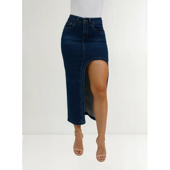 Falda Larga Mezclilla Stretch Abertura Redonda Pineda Jeans