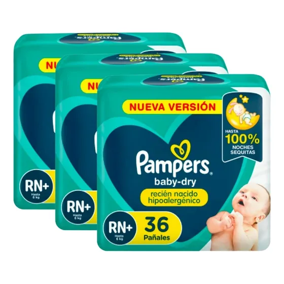 Set 3 Pack Pañales Pampers Babydry Recien Nacido Rn+ 36u
