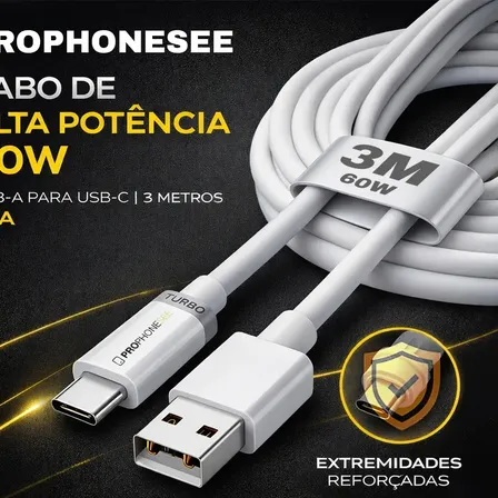 Cabo 3 Metros Carregador Tipo C Usb A Entrada Compatível Com Iphone Apple Samsung Android…