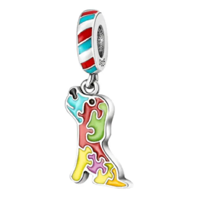 Charm 100% Auténtica Plata 925 Perro Puzzle Colorido Autismo