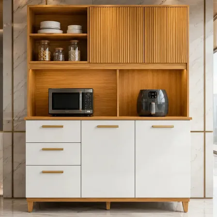 Armário de Cozinha Compacto Poliman Sicília Médio 5 Portas 2 Gavetas 4 Nichos 2 Prateleiras Kit Cozinha Organizador Freijó Off White Ripado MDP Corrediças Telescópicas Pés Reguláveis Pintura UV