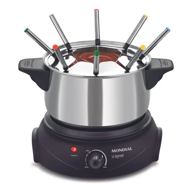 Panela elétrica de fondue Mondial Le Gourmet II com cuba de inox e oito garfos coloridos sobre base de aquecimento preta