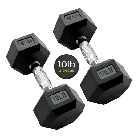 2 Pesas Mancuernas Hexagonales De Caucho Gimnasio 4.5kg 10lb Negro