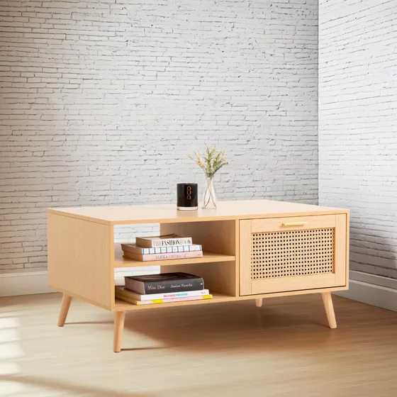 Mesa De Centro Con Rattan Y Madera